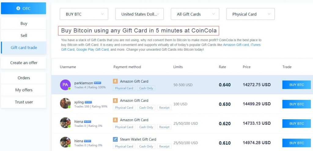 CoinCola’s Gift Cards Trading Zone