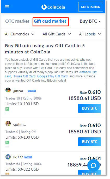 Gift Card Trading Market on CoinCola