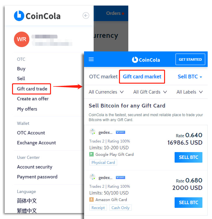 buy gift cards with bitcoin on CoinCola