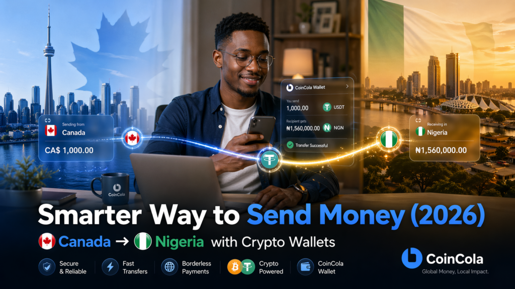 Sending money from Canada to Nigeria using a crypto wallet in 2026 with a modern fintech interface and cross-border transfer concept