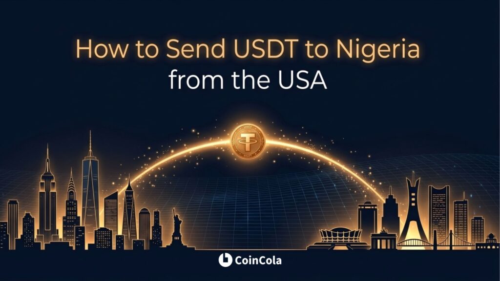 Map arc connecting New York and Lagos with a glowing USDT coin — send crypto from USA to Nigeria, Naira arrives in 10–30minutes