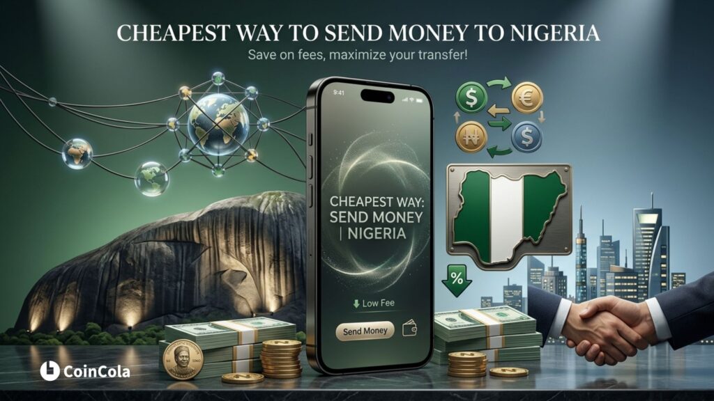 High-end financial magazine style cover for a blog post titled "Cheapest Way to Send Money to Nigeria," featuring a premium smartphone showing low-fee transfer options, stacks of cash, a Nigerian map icon, and a business handshake against a sleek dark green and marble background.