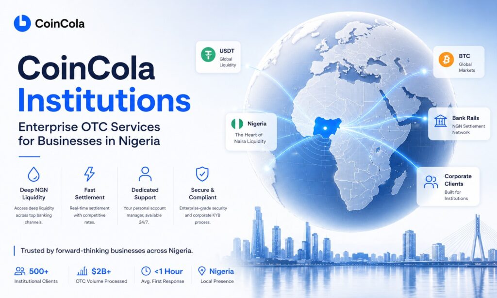 CoinCola Institutions enterprise OTC services for Nigerian businesses with global crypto liquidity visualization.