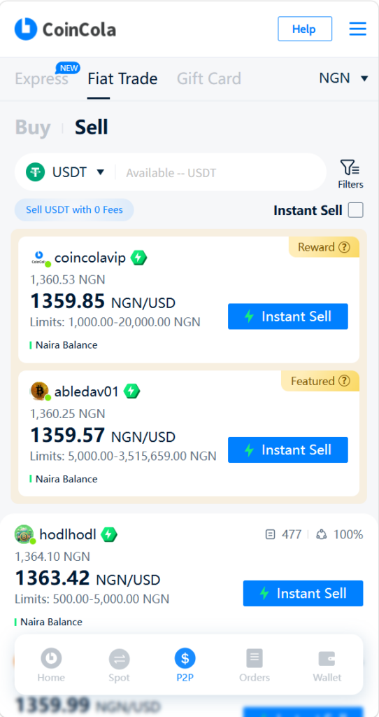 CoinCola live USDT-to-Naira offers